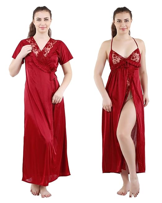 Romaisa Women's Satin Solid Maxi Length Nighty with Robe _Nightwear Set Pack of 2_Free Size