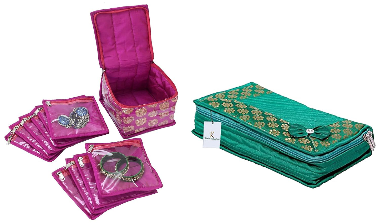 Kuber Industries Brocade Jewellery Kit|Wedding collection Gift with 10 Pouches, Pack of 1 (Pink)