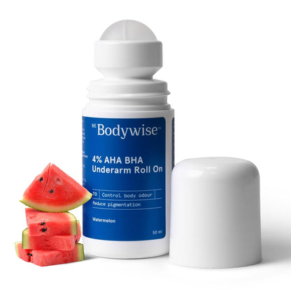 Be Bodywise 4% AHA BHA Underarm Roll On Deodorant | Watermelon Fragrance | With 1% Mandelic Acid, 2% Lactic Acid & Alpha Arbutin | Prevents Body Odour, Fades Pigmentation, Kills Bacteria | Alcohol & Aluminum Free | 50ml