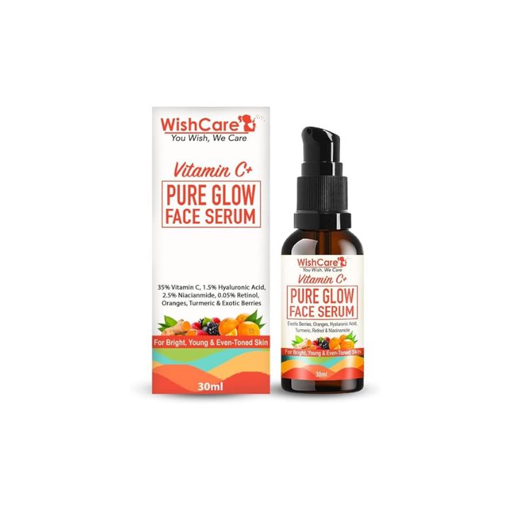 WishCare Pure Glow 35% Vitamin C Face Serum - With Hyaluronic Acid, Retinol, Niacinamide, Oranges, Berries & Turmeric - For Glowing, Bright, Young and Even Toned Skin - 30 ml