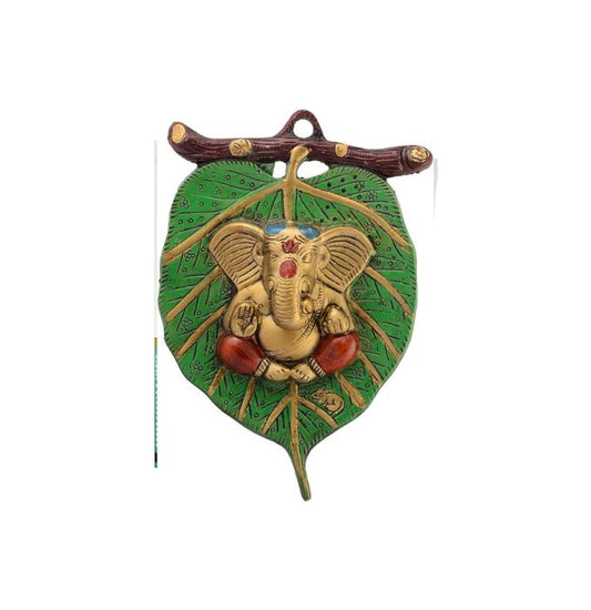 eCraftIndia Golden Metal Lord Ganesha In Red Dhoti On Green Leaf Wall Hanging Decorative Showpiece For Home Decor, Housewarming, Festival Gift 15 Cm X 1.25 Cm X 22.5 Cm Multicolour