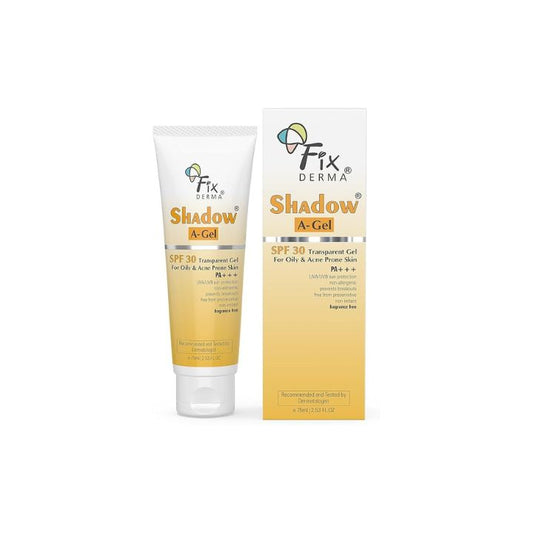 Fixderma Shadow Sunscreen A-Gel SPF 30 for Acne Prone Skin, Non-Oily, Broad Spectrum UVA and UVB Protection, Transparent Gel - 75ml