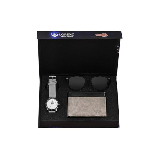 LORENZ Gift Box Combo of Men's Grey Dial Analog Watch, Grey Wallet & Black Wayfarer Sunglasses, Black,