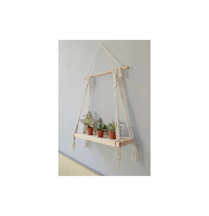 Decazone ® Macramé Wall Hanging Shelf Pine Wood Floating Shelve with Wooden Dowel Modern Chic Woven Décor for Dorm Living Room Nursery Beige 55 x 43cm