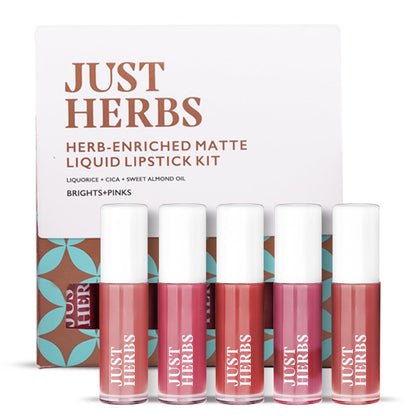 Just Herbs Ayurvedic Liquid Lipstick Kit Set of 5 with Long Lasting, Hydrating & Lightweight Lip Colour, Brights & Pinks - Paraben & Silicon Free