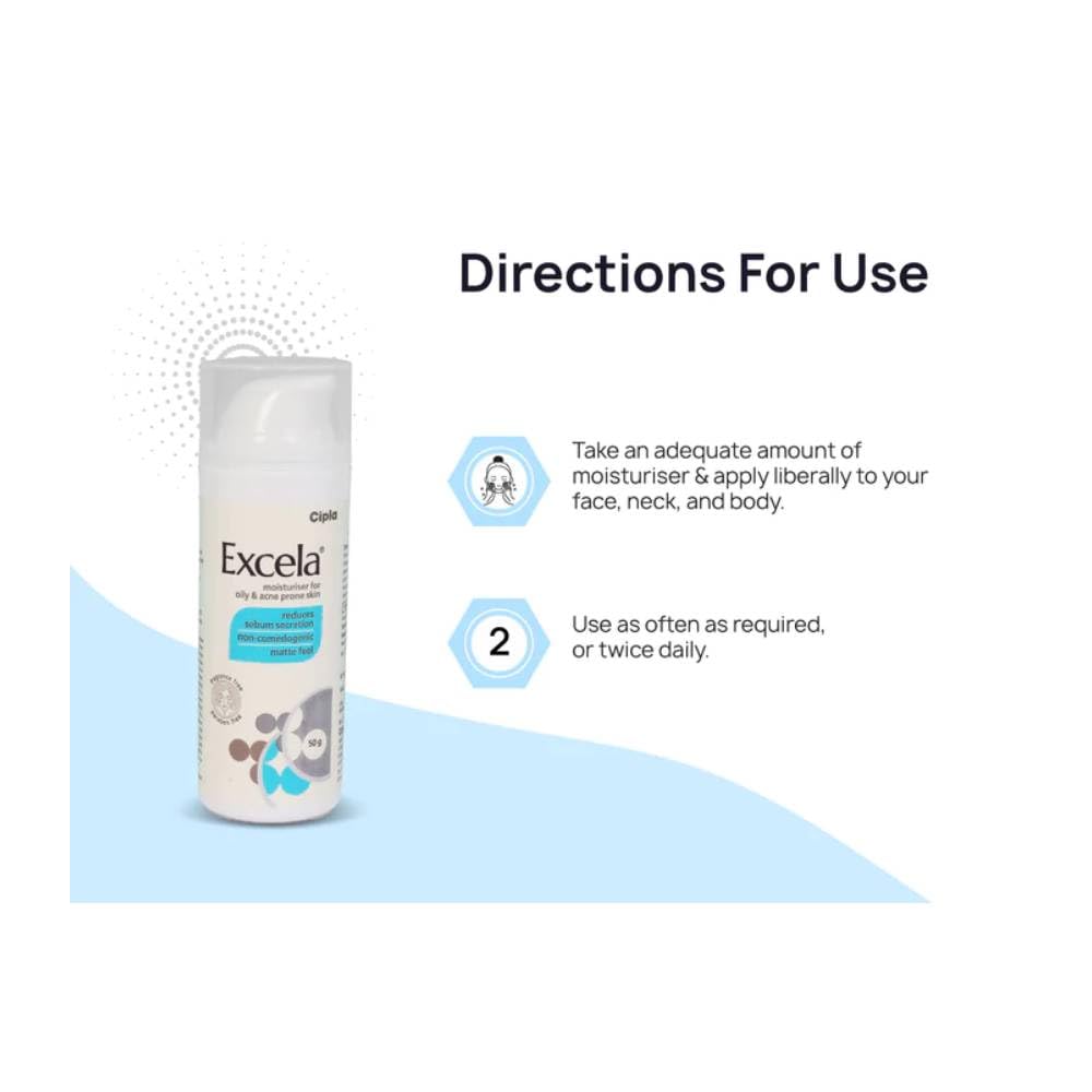 Cipla Excela Moisturiser, Oily & Acne Prone Skin | Reduces Sebum Secretion, 50gm