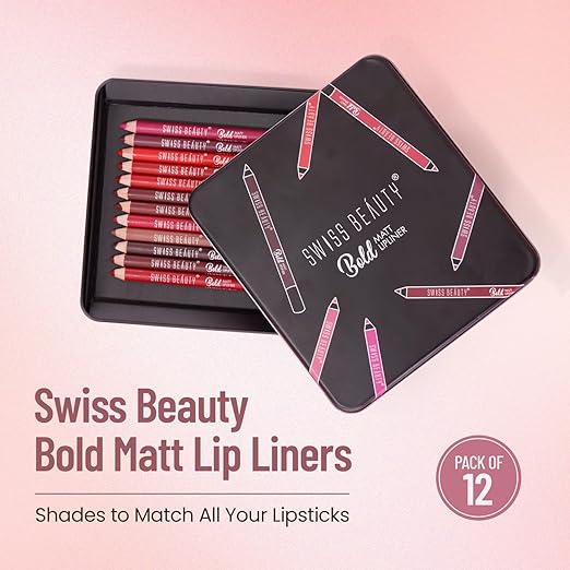 SWISS BEAUTY Bold Matte Lipliner Pencil (Multicolor,1.8g, Pack of 12)