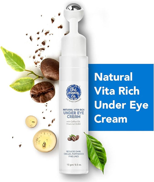 The Moms Co. Natural Vita Rich Under Eye Cream with Roller to Reduce Dark Circles, Puffiness and Fine Lines with Chia Seed Oil, Coffee Oil, Vitamins E and B3 (15 g/0.5 oz)