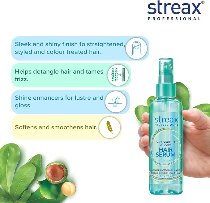 Streax Professional Vitariche Gloss Hair Serum for Women & Men – 100ml | Enriched with Macadamia Oil and Vitamin E