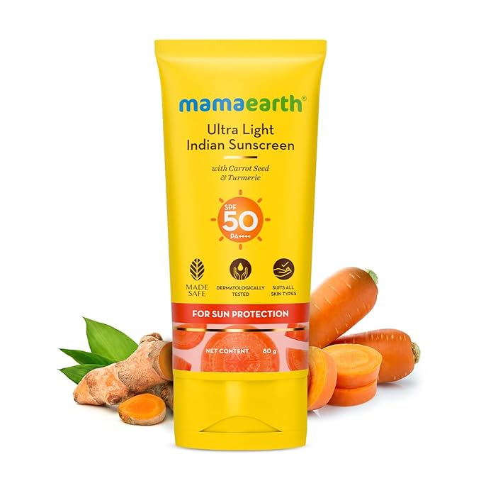 Mamaearth Ultra Light Indian Sunscreen with Carrot Seed, Turmeric and SPF 50 PA+++ - 80ml  Packed with SPF 50 | Long Lasting Sun Protection